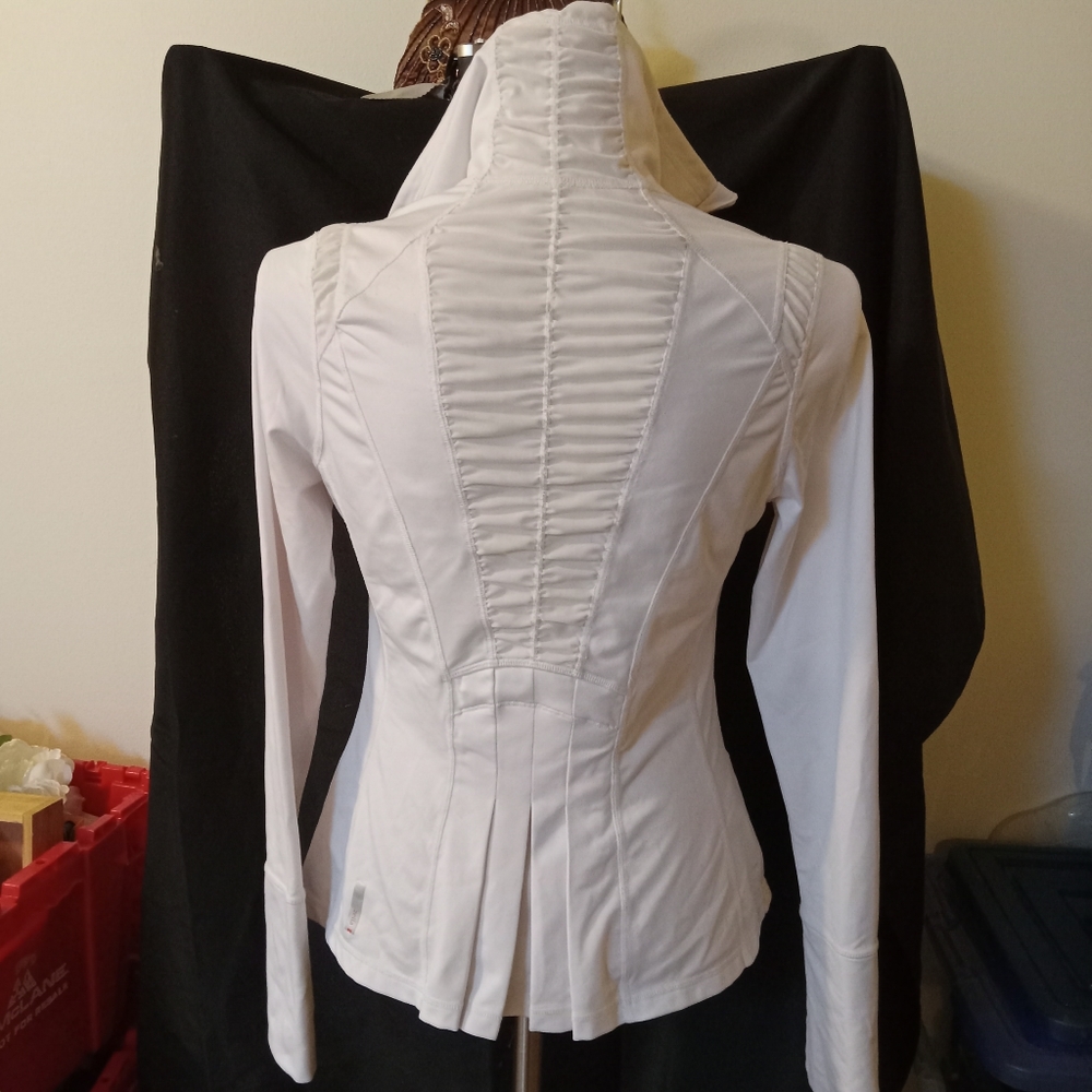 S) Zella Ruched Front Zip Up Peplum Jacket